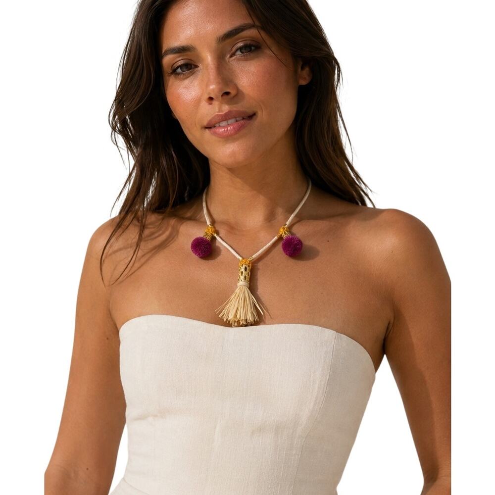 Tory Burch Beige Rope Tassel Statement Necklace Gold Tone Pom Pom Women's OS